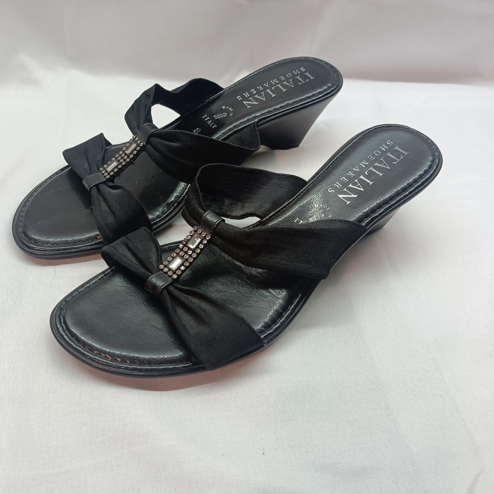 Italian Shoemakers Womens Black Rhinestone Wedge Sandals Made in Italy Size 8